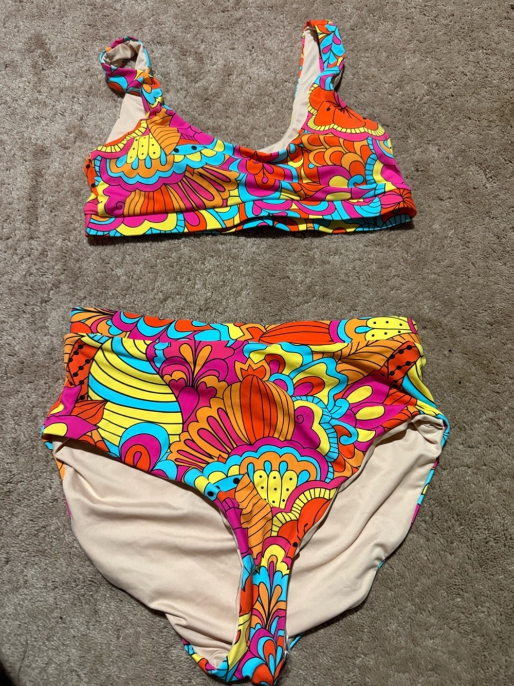 Girls' Multicolor Floral High-Waist Bikini Set - Bright Pink & Orange